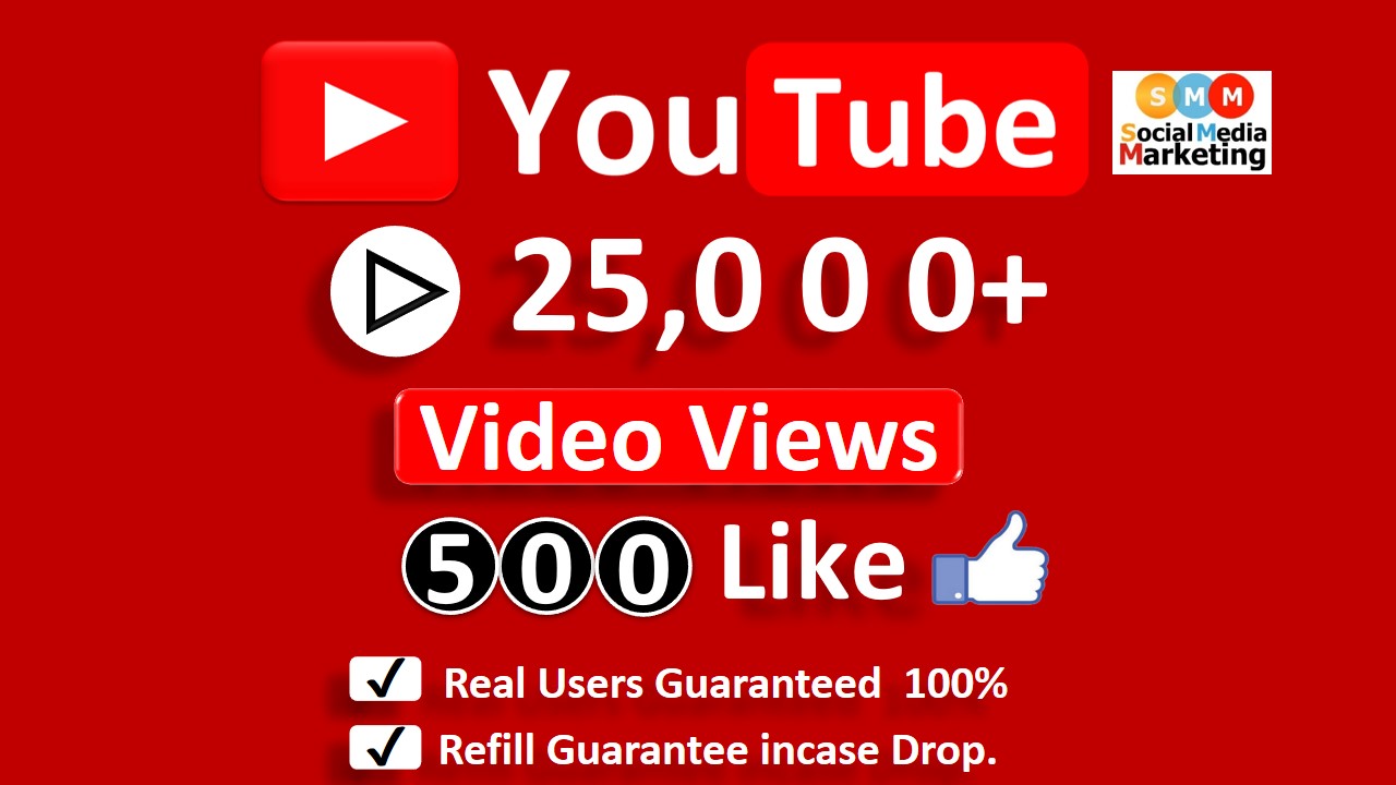 Get Organic 25,000+ YouTube Video Views & 1000+ Likes, Real Active Users, Non-Droop/Refill-LifeTime Guaranteed.