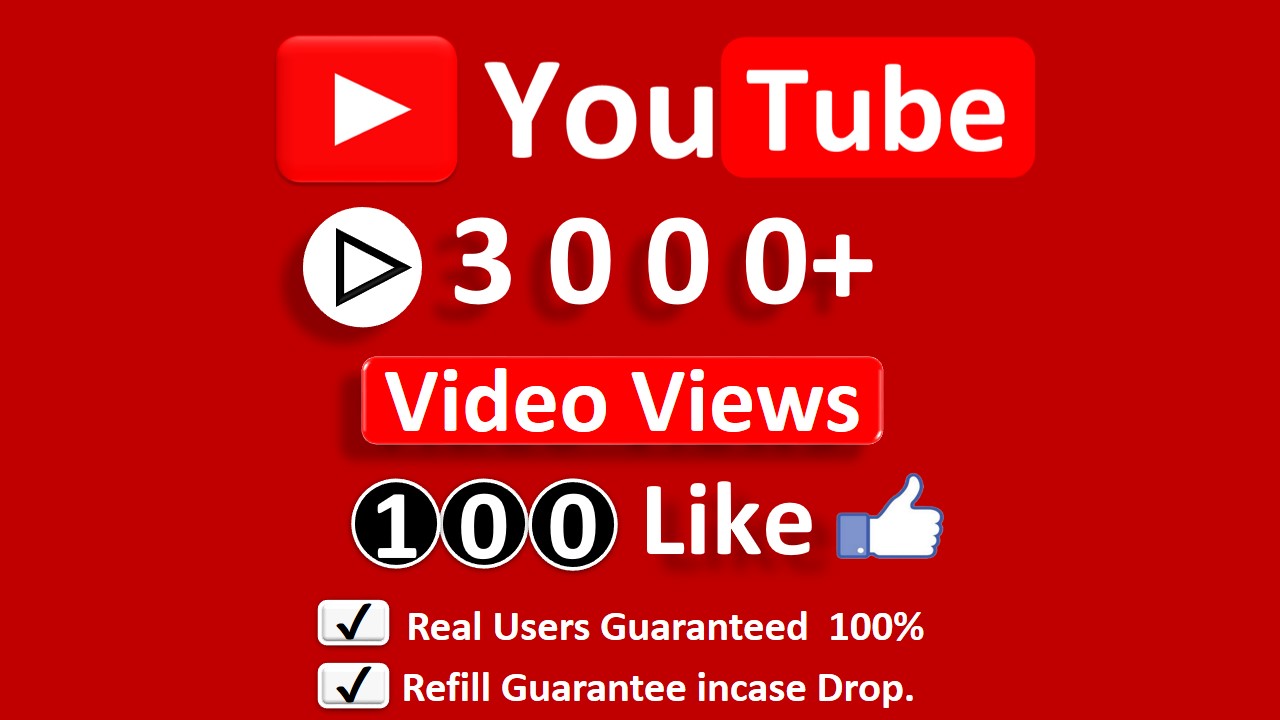 Get Organic 3000+ YouTube Video Views & 200 Likes, Real Active Users, Non Droop Guaranteed.