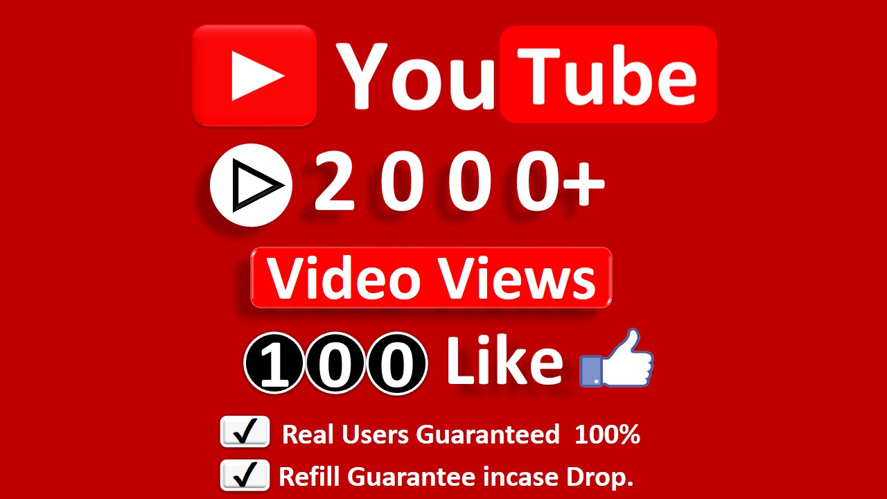 Get Organic 2500+ YouTube Video Views & 100 Likes, Real Active Users, Non Droop Guaranteed.