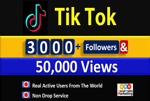 Get 3000+ Tik Tok Followers & 50,000 Video Views, Real active Quality followers non drop.