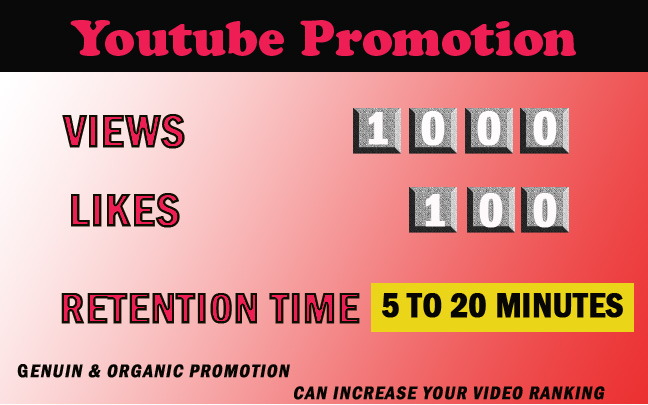 Youtube 1000 views with 100 likes 5 to 20 minutes retention time