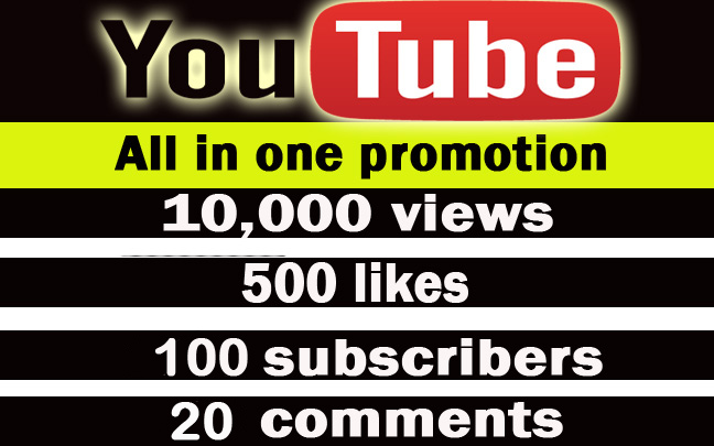 Youtube all in one promotion. 10,000 views, 500 likes, 200 subscribers, 50 comments