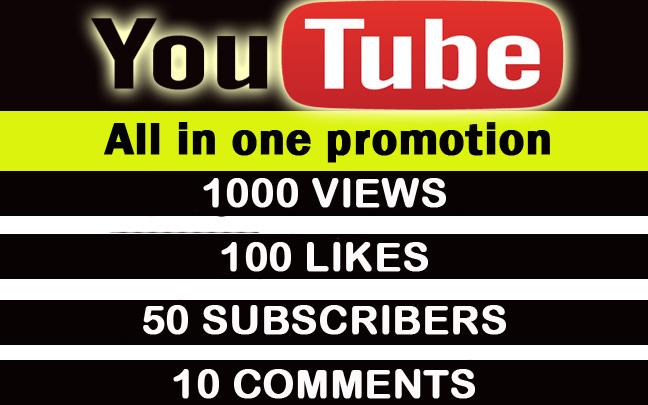 Youtube all in one promotion.1000 high retention views,100 likes, 50 subscribers,10 comments
