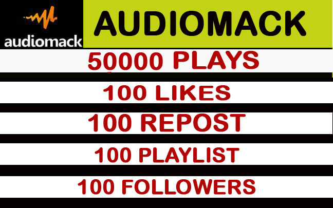 50000 Audiomack Plays with 100 likes, 100 reposts,100 playlists.100 followers