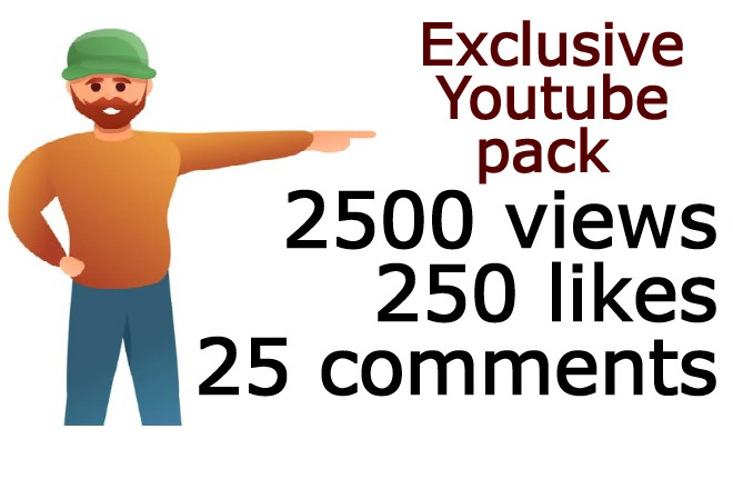 Exclusive Youtube pack 2500 views + 250 likes + 25 custom or random comments