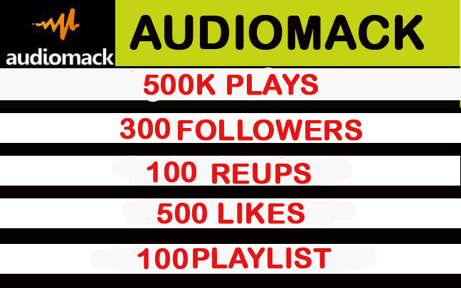 500,000 Audiomack Organic plays with 300 FOLLOWERS + 100 REUPS+ 500 LIKES+ 100 PLAYLIST