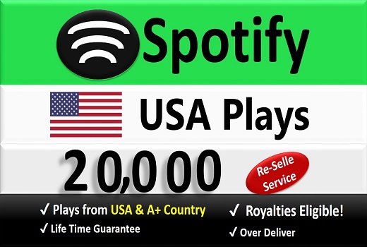 20,000+ Spotify Organic Plays from USA & A+ Country of HQ Accounts, Permanent Guaranteed