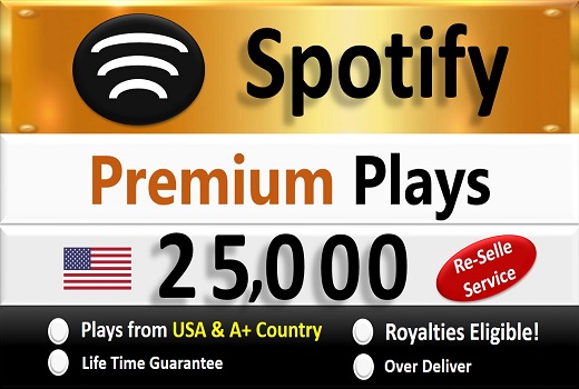 25,000+ Spotify Premium Organic Plays from USA & A+ Country of HQ Accounts, Permanent Guaranteed