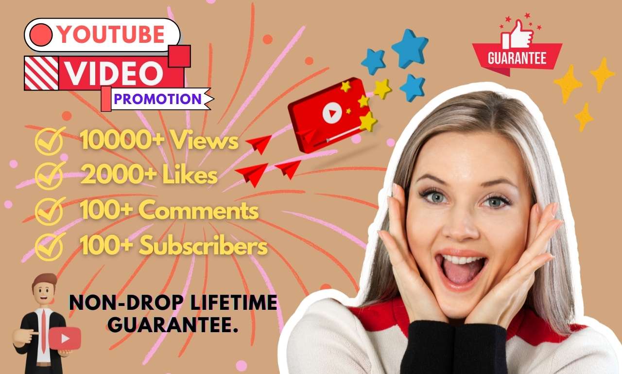 Get 10,000+ YouTube Views + 2000 Video Likes, + 100 Comments 100 Subscribers Permanent, Non Drop, Lifetime Guarantee.