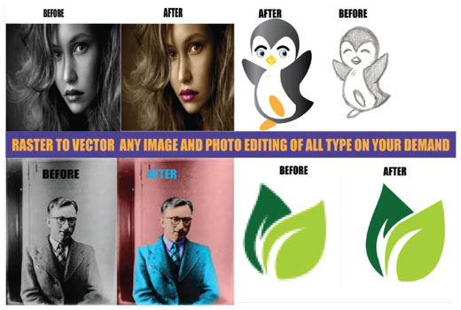 I will convert raster images or logos into the vector and Photoshop editing on your demand