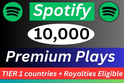 10,000 Spotify Premium Plays TIER 1 countries Royalties Eligible