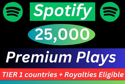 25,000 Spotify Premium Plays TIER 1 countries Royalties Eligible