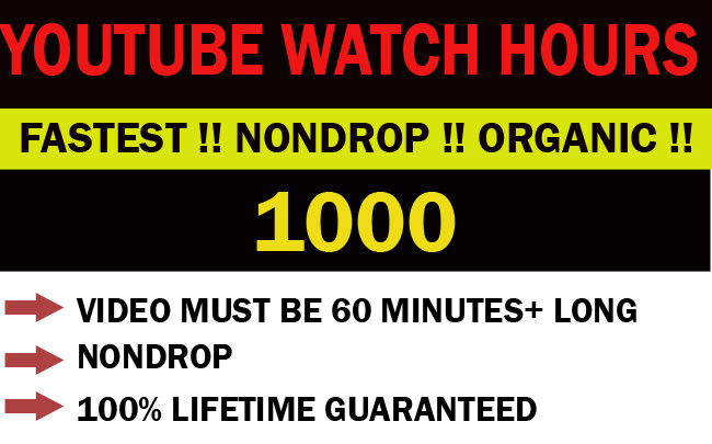 YouTube 1000 organic H.Q watch hours. Lifetime !