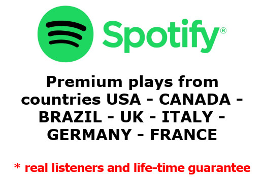 Spotify 8000 to 11000 Premium plays from countries USA – CANADA – BRAZIL – UK – ITALY – GERMANY – FRANCE