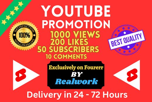 I will Provide You 1000 Views, 200 Likes, 50 YouTube Subscribers, and 10 Comments with Lifetime Guaranteed