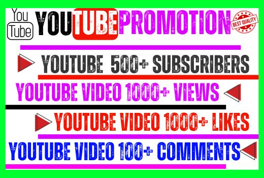 Provide your youtube channel 500 subscribers +video 1000 views+ video 1000 likes+video 100 comments. Best quality and life-time