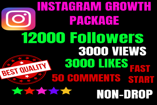 Get 12K Instagram Followers with 3000 Likes, 3000 Video Views, and 50 Comments Real and non-drop