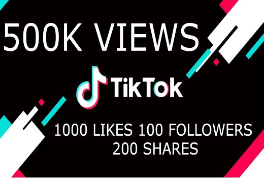 Get TikTok 500k Video Views,1000 Likes,100 followers & 200 share