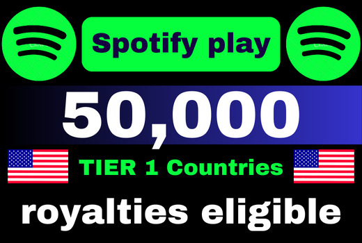 Provide 50,000 Spotify Plays , high quality, royalties eligible, TIER 1 countries, active user, non-drop, and lifetime guaranteed