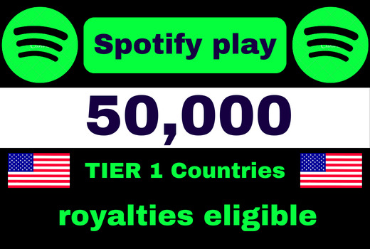 Get 50,000 Spotify Plays USA, high quality, royalties eligible, TIER 1 countries, active user, non-drop, and lifetime guaranteed