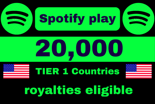 Get 20,000 Spotify Plays USA, high quality, royalties eligible, TIER 1 countries, active user, non-drop, and lifetime guaranteed