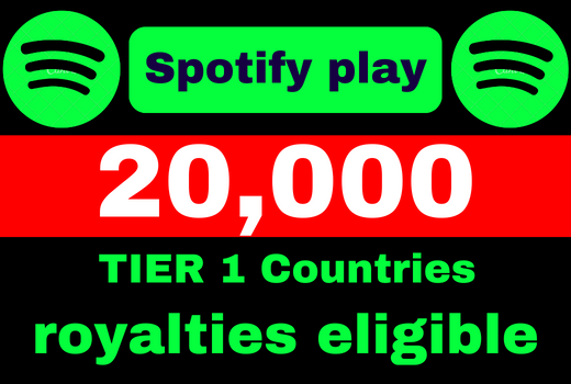 Get 20,000 Spotify Plays from TIER 1 countries, Real and active users, and Royalties Eligible, permanent guaranteed