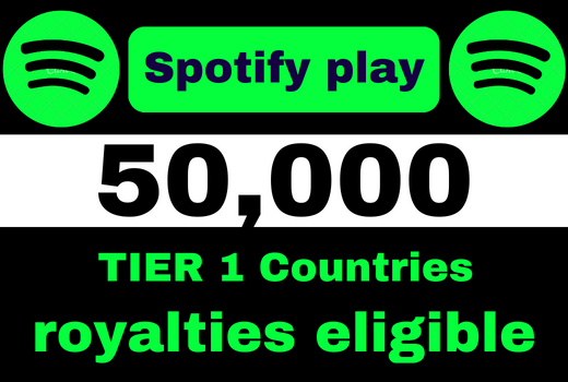 provide 50,000 to 55,000 Spotify Plays from TIER 1 countries, Real and active users, and Royalties Eligible, permanent guaranteed