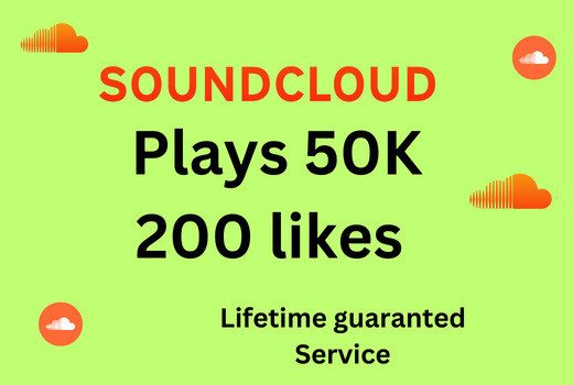 Send you Soundcloud 50k Plays 200 likes Lifetime guaranteed Service.