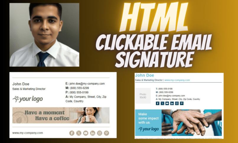 I will design a professional and clickable HTML email signature for you