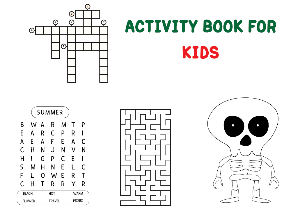 I will create word search, mazes, sudoku, and crossword puzzle activity pages for kids