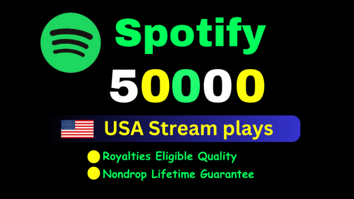 15570Get 1,00,000 to 1,10,000 Spotify Plays , high quality, royalties eligible, TIER 1 countries, active user, non-drop, and lifetime guaranteed and spilt multiple song