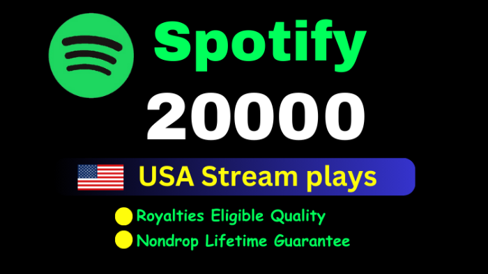 15723Get 50,000 to 55,000 Spotify Plays , high quality, royalties eligible, TIER 1 countries, active user, non-drop, and lifetime guaranteed and spilt multiple song