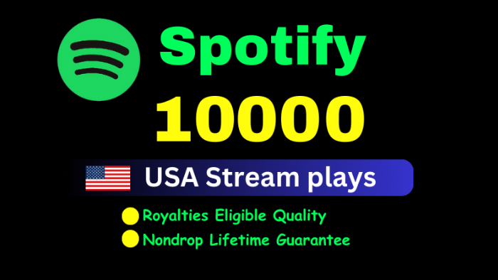 15725Send 10,000 to 12,000 Spotify Stream Premium Plays Royalties Eligible and spilt plays multiple song